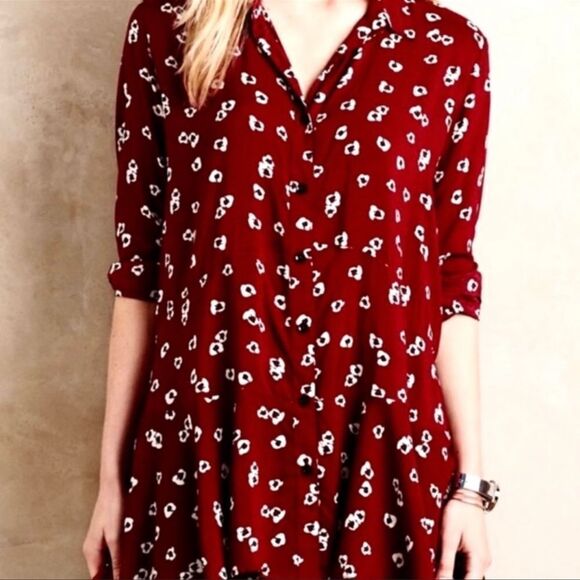 Anthropologie L 11-1-TYLHO Long Sleeve Button Front Burgundy White Floral Tunic - Picture 3 of 8
